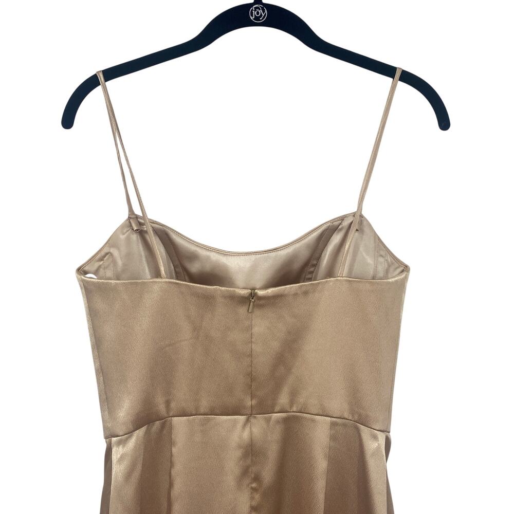 Jenny Yoo Chase Satin Formal Gown Fitted Leg Slit Champagne Gold Metallic 2 - Picture 8 of 14